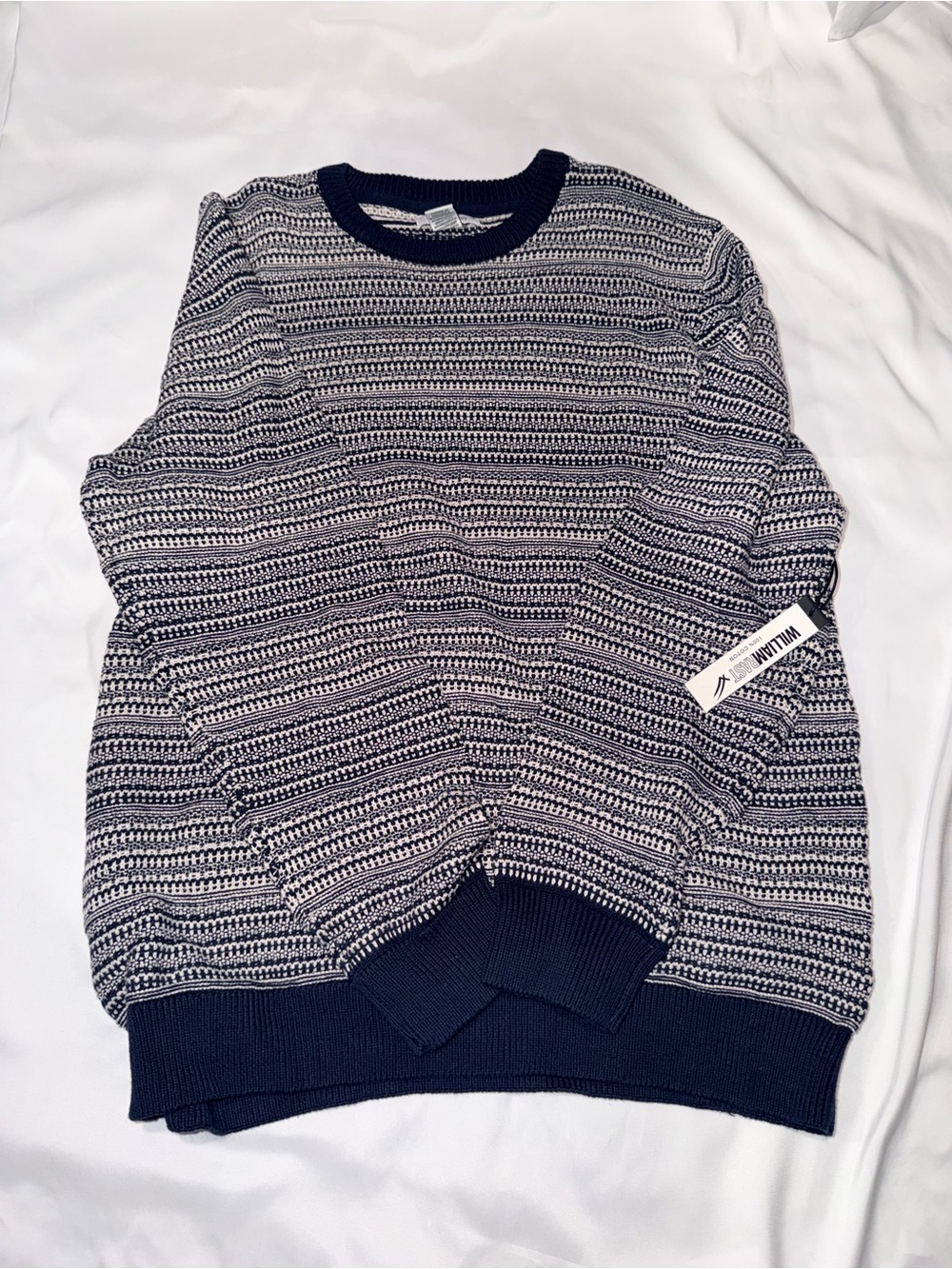 Men's Navy and White Striped Crewneck Sweater
